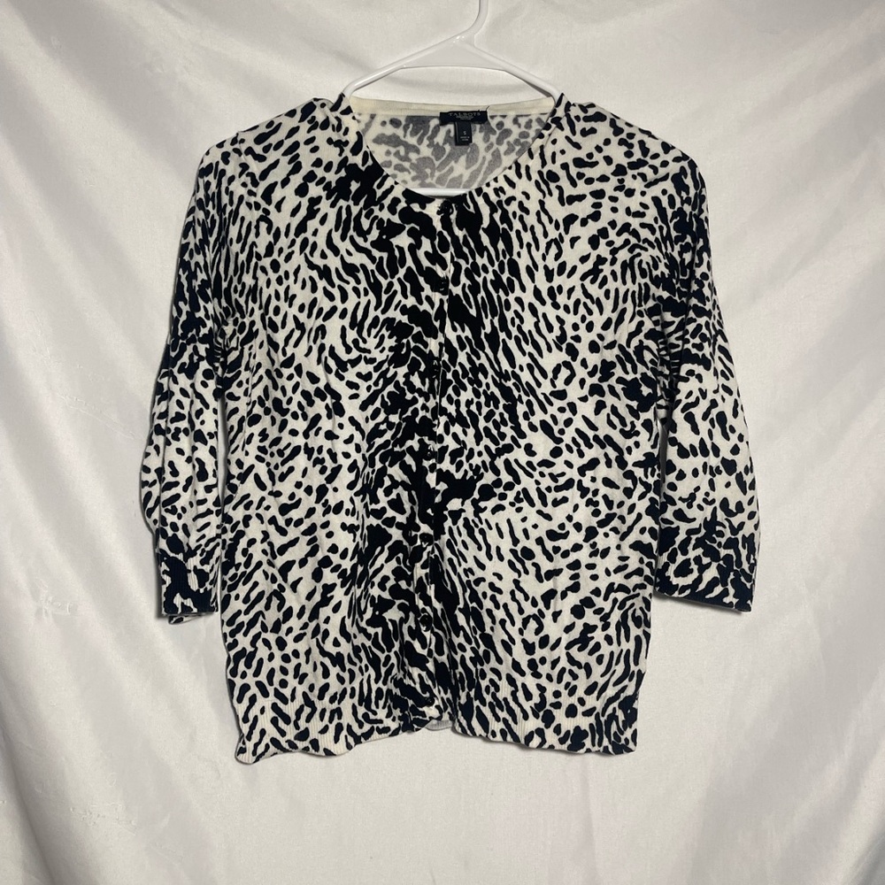 Talbots Animal Print Cardigan Black White 3/4 Sleeve Lightweight